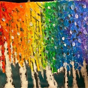 Acrylic painting of rainbow, whited barked birches. Original artwork